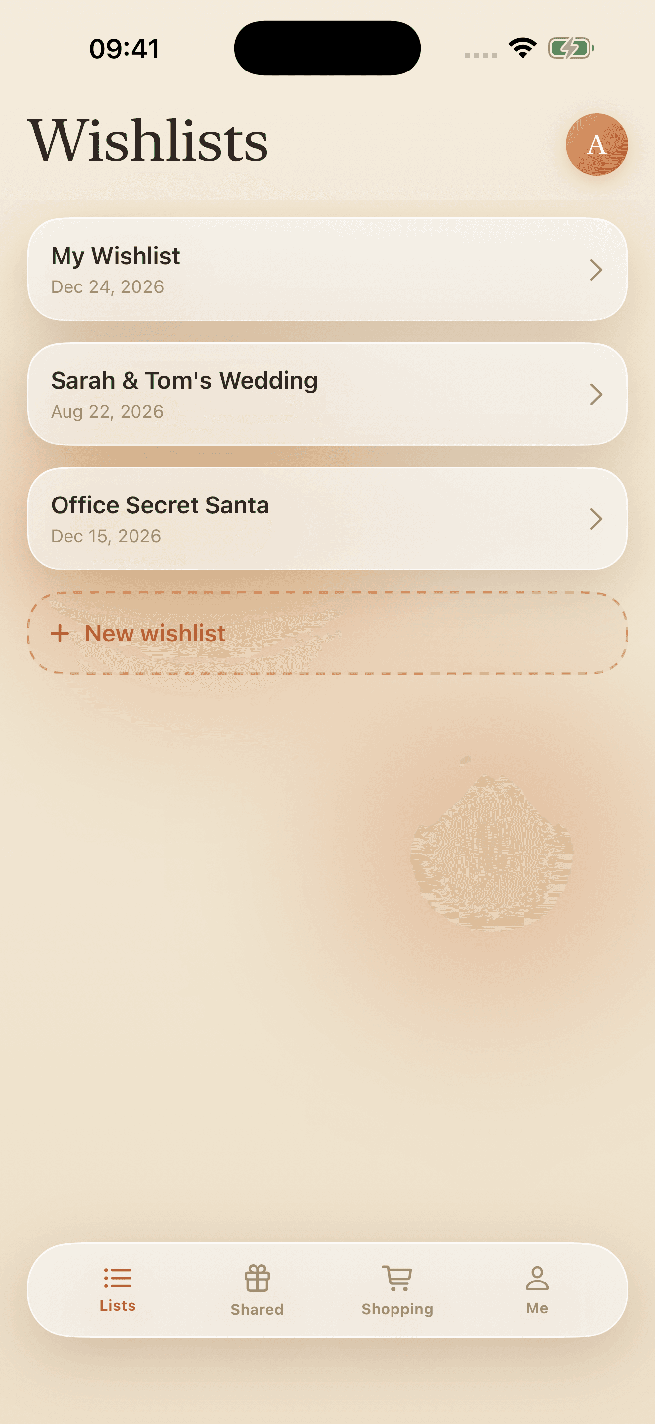 The VOEUX app showing a list of wishlists