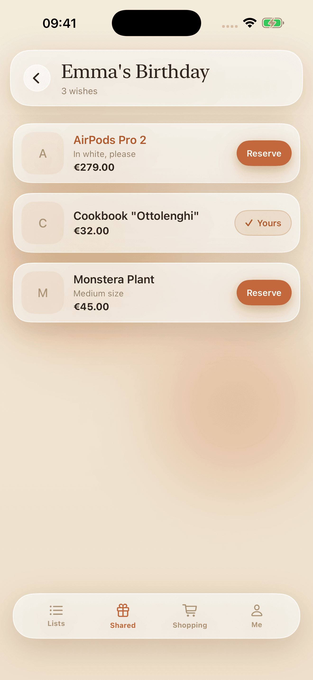 A shared wishlist with reserve buttons